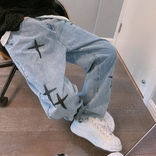 Calça Baggy com Estrelas Bordadas Y2K