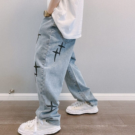 Calça Baggy com Estrelas Bordadas Y2K