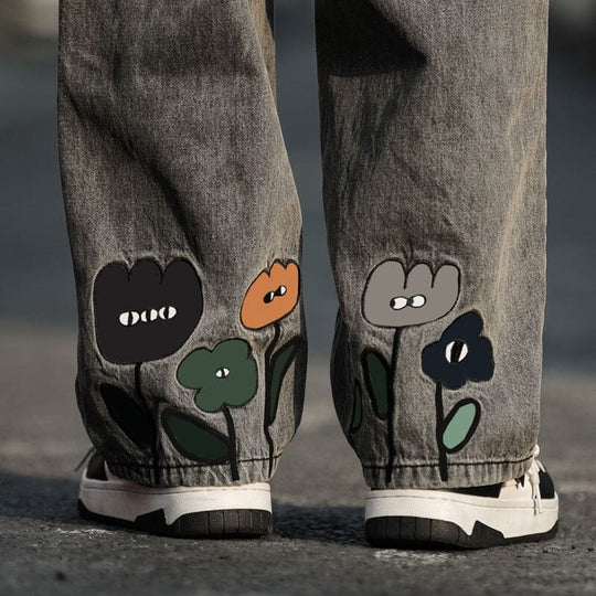 Calça Jeans Baggy Y2K com Flores Estampadas