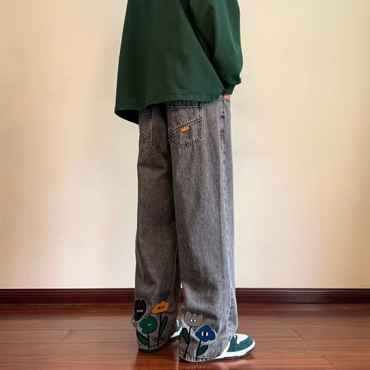 Calça Jeans Baggy Y2K com Flores Estampadas