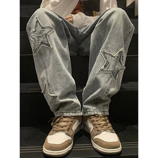 Calça Grunge e Y2K Estrelas Bordadas