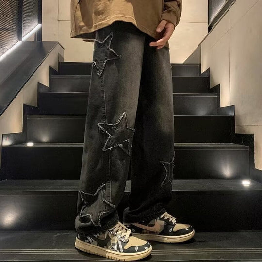 Calça Grunge e Y2K Estrelas Bordadas