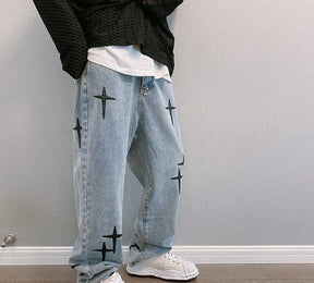 Calça Baggy com Estrelas Bordadas Y2K