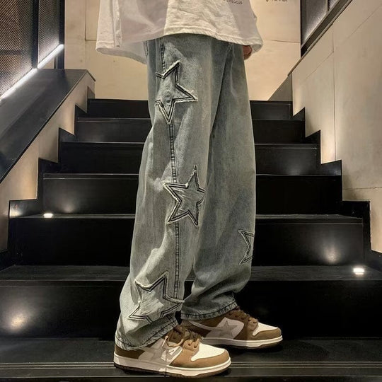 Calça Grunge e Y2K Estrelas Bordadas